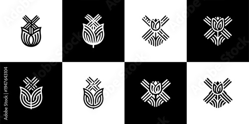 Icon Set Vector of 8 Windmill and Tulip Flower Abstract Logo Symbols
