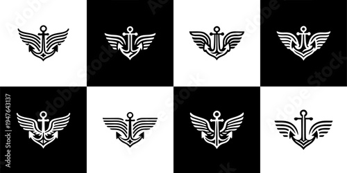 Icon Set Vector of 8 Winged Anchor Nautical Symbols and Insignias