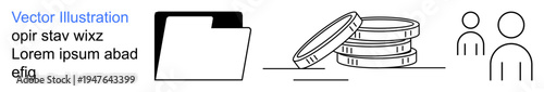Finance, teamwork, organization, documentation, savings, data management. Folder, coins and user icons . Finance and teamwork concept highlighting documentation and savings