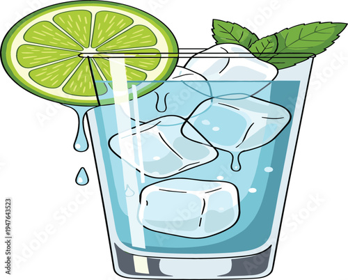 Refreshing cold drink with ice cubes, lime slice, and fresh mint leaves.