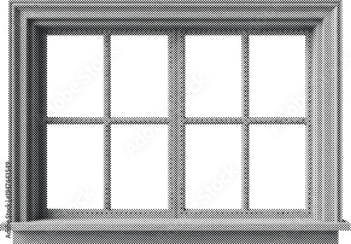 window frame halftone risograph architectural view interior grunge retro offset print screentone vintage monochrome texture