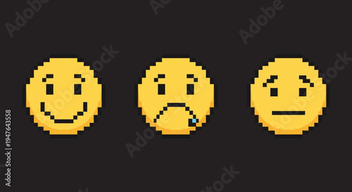 Pixel Art Emojis: Happy, Sad, and Neutral Faces on Black