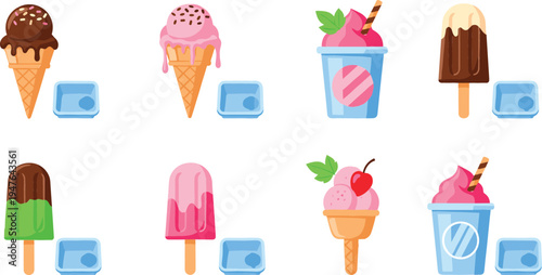 A variety of colorful ice cream treats including cones, popsicles, and cups with different flavors.