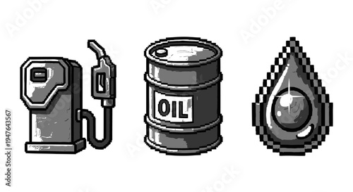 Pixel Art Icons: Gas Pump, Oil Barrel, and Droplet