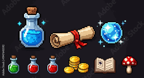 Pixel Art Fantasy Game Items Collection with Potions, Scroll, Orb, Coins, Book, Mushroom