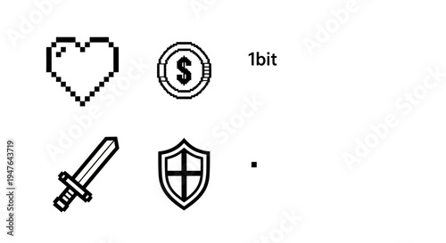 Pixel Art Game Icons: Heart, Coin, Sword, Shield, 1-Bit Style