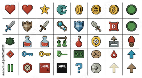 Pixel Art Game Icons: Hearts, Swords, Coins, Potions, Keys, and More