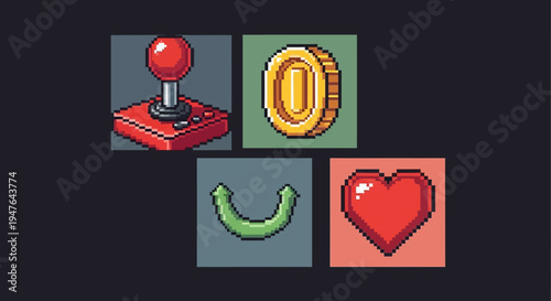 Pixel Art Game Icons: Joystick, Coin, Arrow, Heart