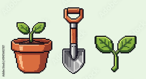Pixel Art Gardening Tools: Potted Seedling, Shovel, and Sprout