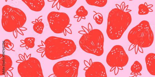 Seamless modern horizontal summer monochrome minimal bright berry pattern with small and big red strawberries on a pink background; drawing, simple cute hand-drawn vector illustration in flat style