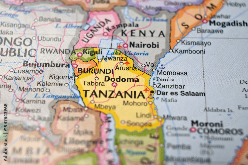 Naklejka premium Defocused Map Background Highlighting Dodoma Geography and Travel Concept