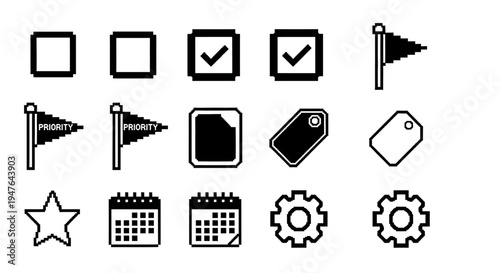 Pixel Art Icons: Checkboxes, Flags, Tags, Calendar, Star, and Gears Set