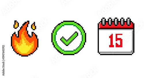 Pixel Art Icons: Fire, Checkmark, Calendar Date 15