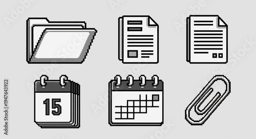 Pixel Art Icons: Folder, Documents, Calendar, Paperclip - Business & Office Concept