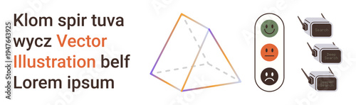 Geometry, emotion analysis, technology communication, user feedback, interface design, scientific models. Abstract pyramid outline, emotional icons traffic light connected device concept. Geometry