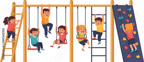 Kids Playing on Playground with Swings, Climbing Wall, and Ladder in Outdoor Park for Fun, Recreation, and Childhood Activities Illustration