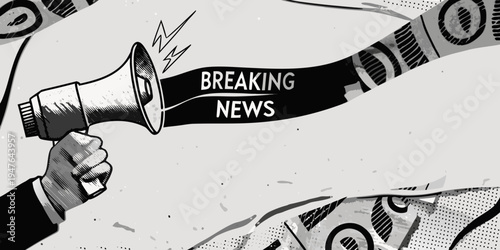 A retro style illustration of a hand holding a megaphone with news