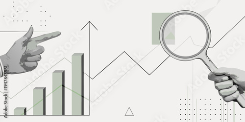 Analyzing growth a hand points at rising charts with a magnifying glass