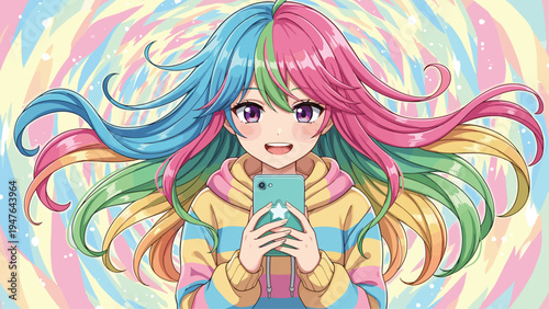 Colorful anime girl using smartphone rainbow hair cute character vibrant manga style digital illustration social media concept