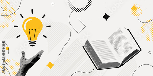 An illustration featuring a lightbulb hand and open book with abstract shapes