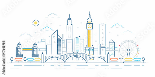 Linear illustration of a city skyline featuring london landmarks