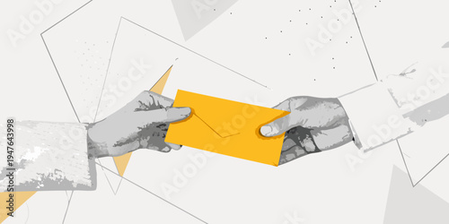 Hands exchanging a bright yellow envelope in a minimalist illustration