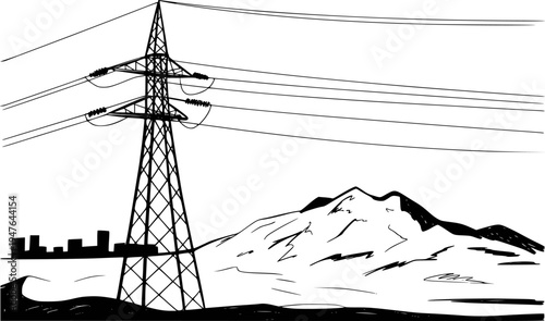 Hand Drawn of Electricity Pylon Against Mountain Cityscape and Power Lines transmission