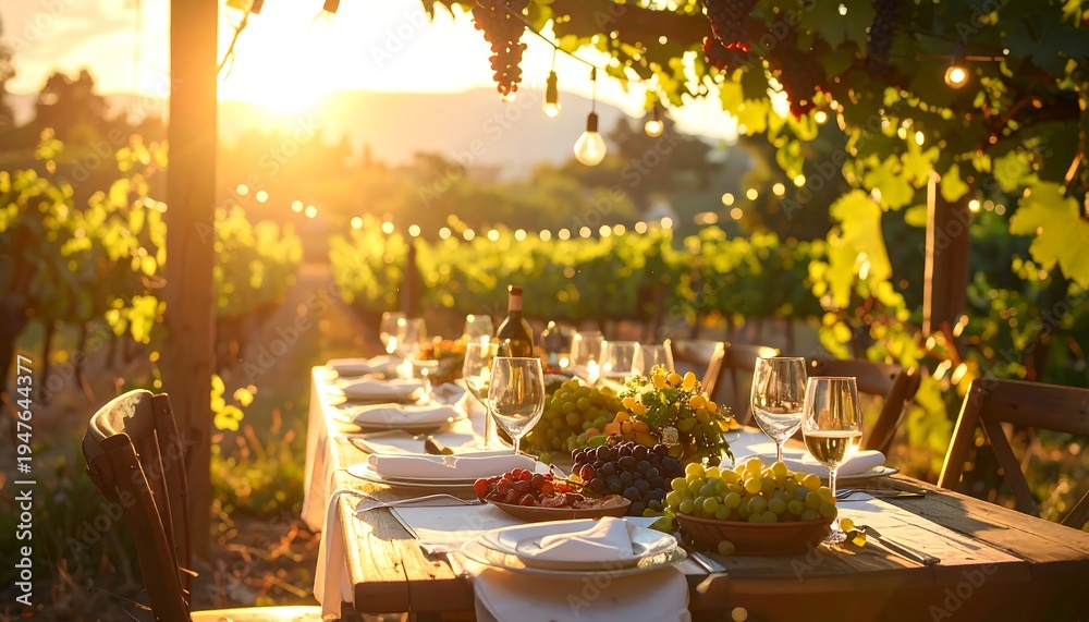 Obraz premium A serene vineyard setting with a long table set for dinner