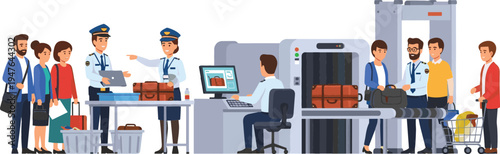 Airport Security Checkpoint with Passengers, Luggage Screening, and Security Officers in Airport Terminal for Travel and Safety Illustration