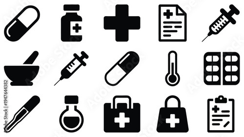 Medical icons set including pills syringes and first aid kits on white background for healthcare design