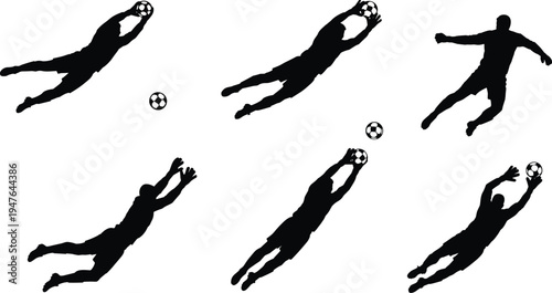 Black silhouette illustration of soccer goalkeeper in action poses saving football, sports vector design, athletic goalie clipart, soccer player defense artwork set
