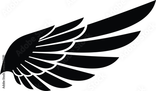 Black wing silhouette, abstract feather vector design, decorative flying bird wing symbol, aviation tattoo style graphic, angel wing illustration for logos