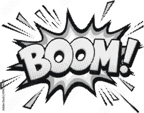 boom comic explosion halftone risograph word text typography grunge retro offset print screentone pop
