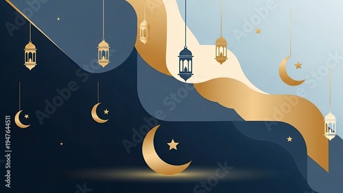 Abstract Islamic background for Ramadan and Eid with golden moons lanterns and stars on elegant blue wavy pattern for greeting cards