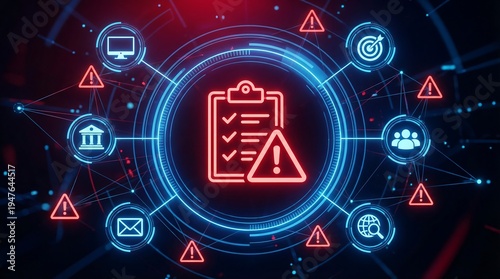 A central icon of compliance with a warning triangle is surrounded by business and digital service icons, framed by red warnings.