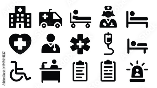 Black silhouette medical icons set including hospital ambulance nurse patient and healthcare symbols on white background for healthcare and medical concepts
