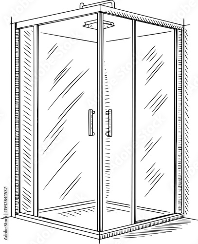 Hand Drawn of a Modern Glass Shower Enclosure with Double Doors and Overhead Shower