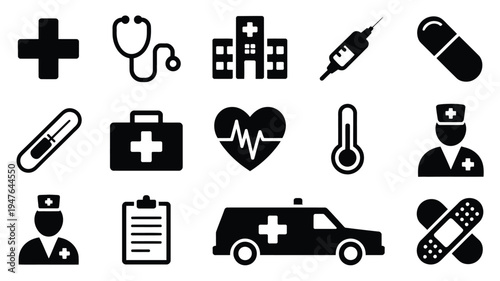 Medical icons set including ambulance hospital doctor and healthcare symbols in black silhouette