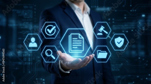 A professional in a suit holds out his hand, projecting holographic icons representing documents, policies, and regulations.