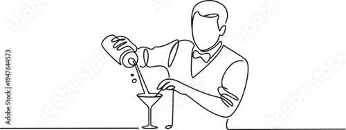 male bartender pouring a cocktail, a man serving at the bar. one line art icon drawing vector