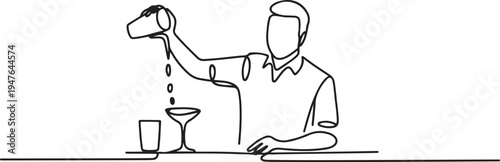 male bartender pouring a cocktail, a man serving at the bar. one line art icon drawing vector