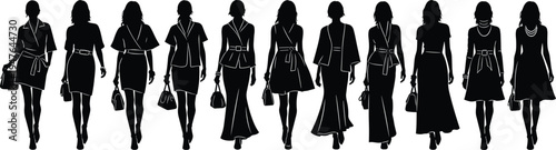 Elegant women silhouettes walking fashion models with handbags stylish female figures isolated black silhouette vector illustration collection set