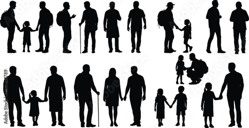 Family people silhouettes adults and children standing together parenting moments fathers with kids isolated black silhouette vector collection