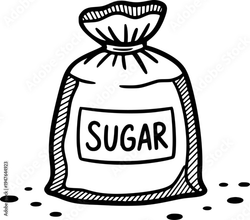 Hand Drawn of a Bag Labeled Sugar with Scattered Granules White Background food sweet