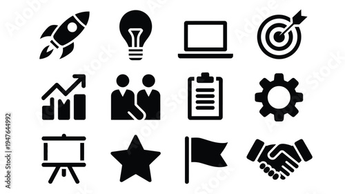 Business strategy icons set including rocket light bulb laptop target graph people clipboard gear presentation star flag handshake on white background