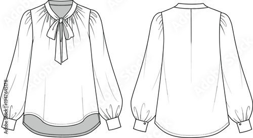 Cad drawing flat vector illustration, blouse technical sketch, fashion design template, long sleeve top, sewing pattern, garment blueprint