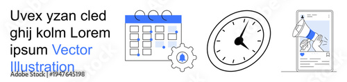 Time management, productivity, scheduling, marketing strategies, digital communication, business planning. Calendar and clock accompanied by a megaphone and gear icon. Time management