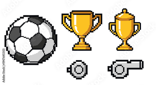 Pixel Art Soccer Icons: Ball, Trophies, and Whistle