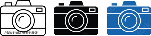 Three camera in white black and blue on white background symbols