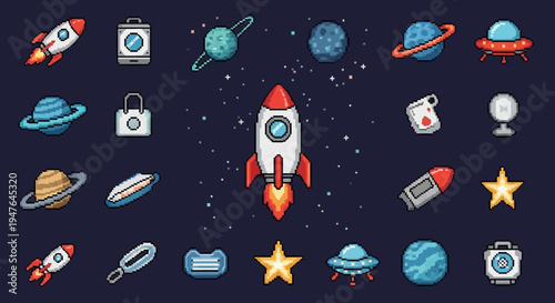 Pixel Art Space Icons Collection: Rockets, Planets, and Sci-Fi Elements